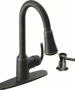 Moen Bayhill Single Handle Lever Pull-Down Kitchen Faucet With Soap Dispenser, Mediterranean Bronze
