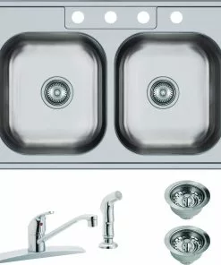 Elkay Dayton Double Bowl 33 In. X 22 In. X 7-1/16 In. Deep Stainless Steel Kitchen Sink And Faucet Kit, Top Mount