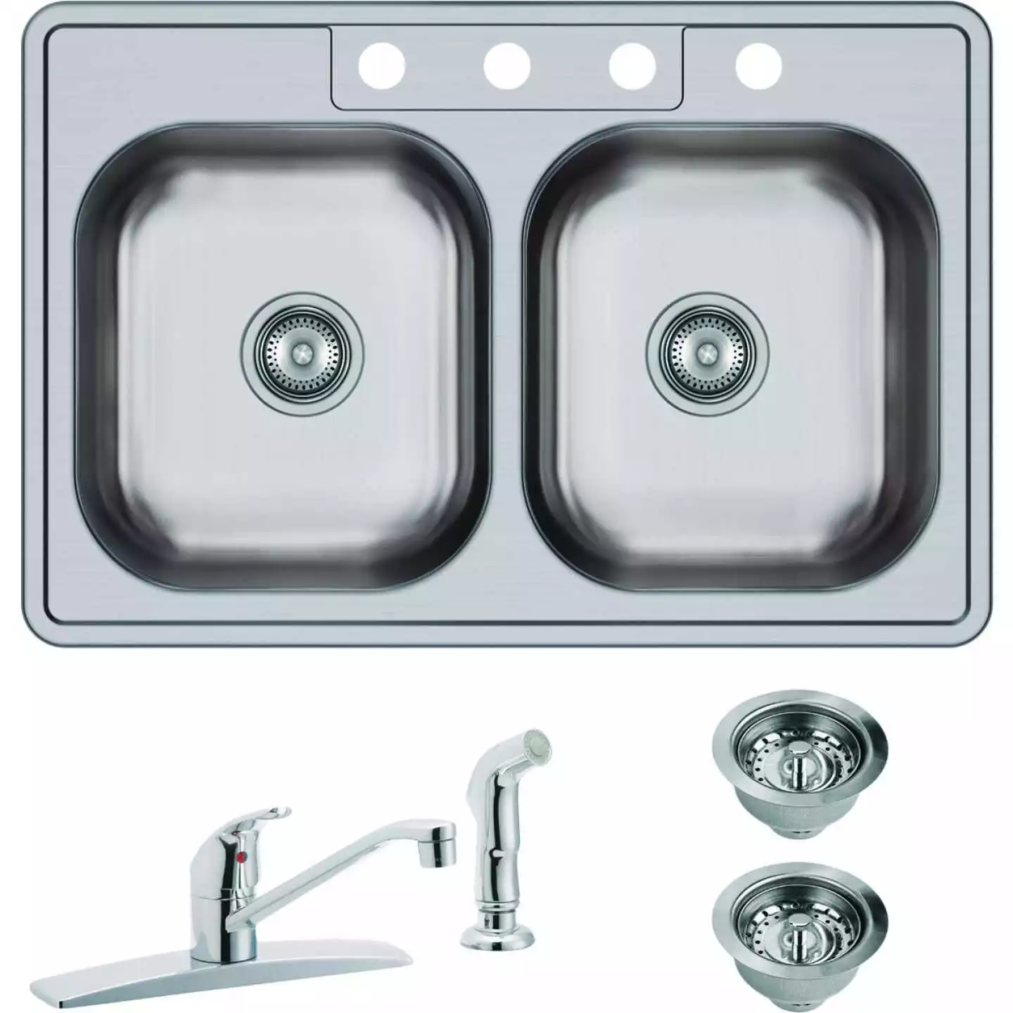 Elkay Dayton Double Bowl 33 In. X 22 In. X 7-1/16 In. Deep Stainless Steel Kitchen Sink And Faucet Kit, Top Mount
